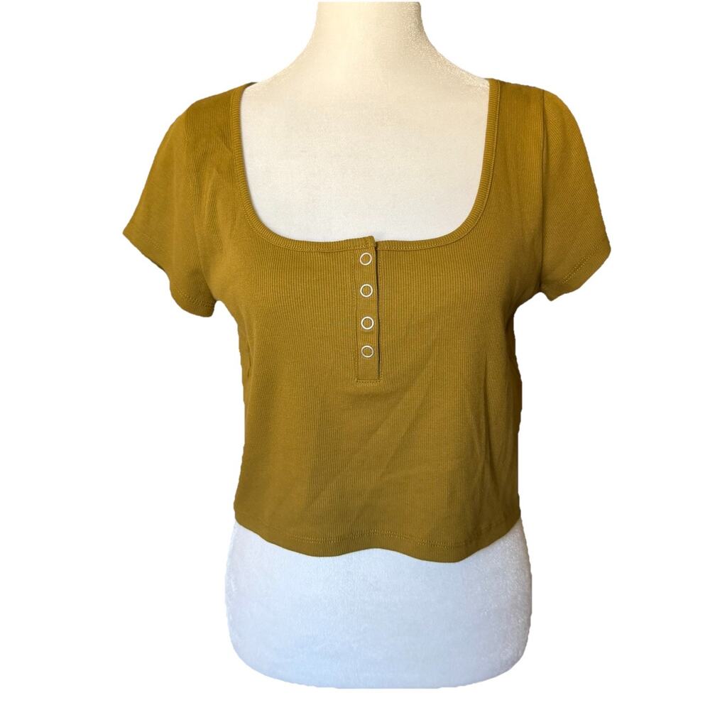 NWT Madewell Womens Small Top Ribbed Henley High-Crop Tee Green Square Neckline